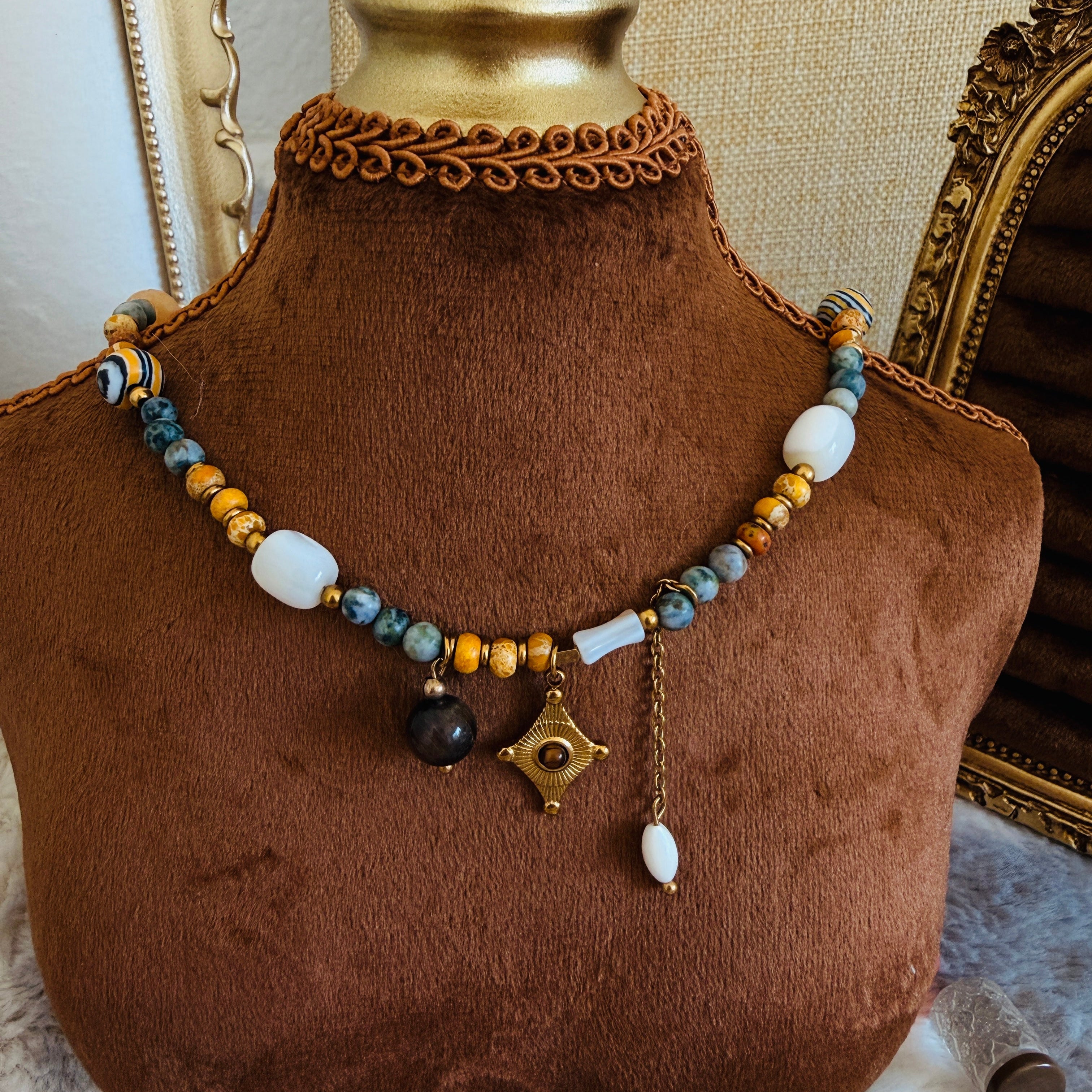 Bohemian Beaded Necklace with Sun Cross Pendant