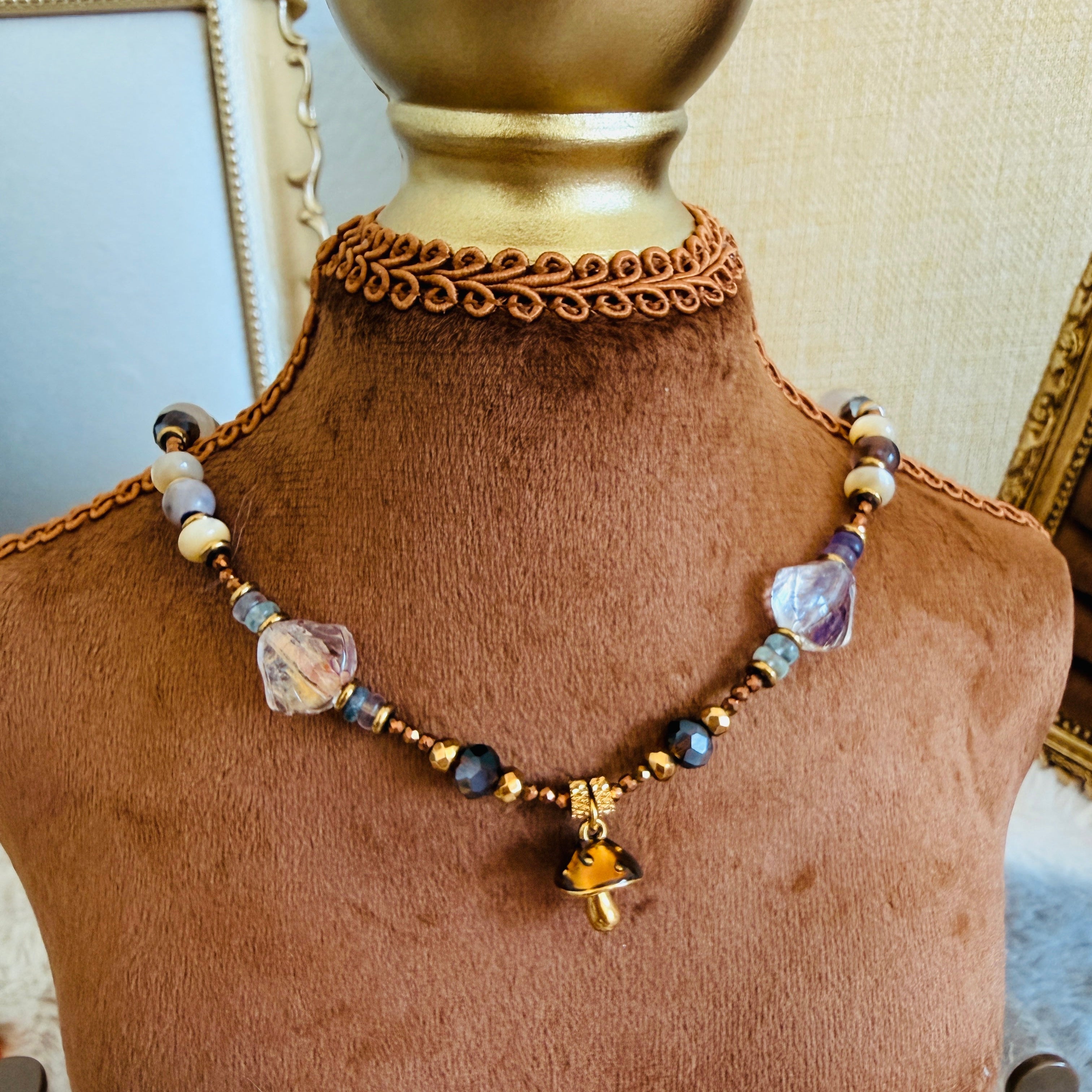 Crystal Beaded Mushroom Charm Necklace