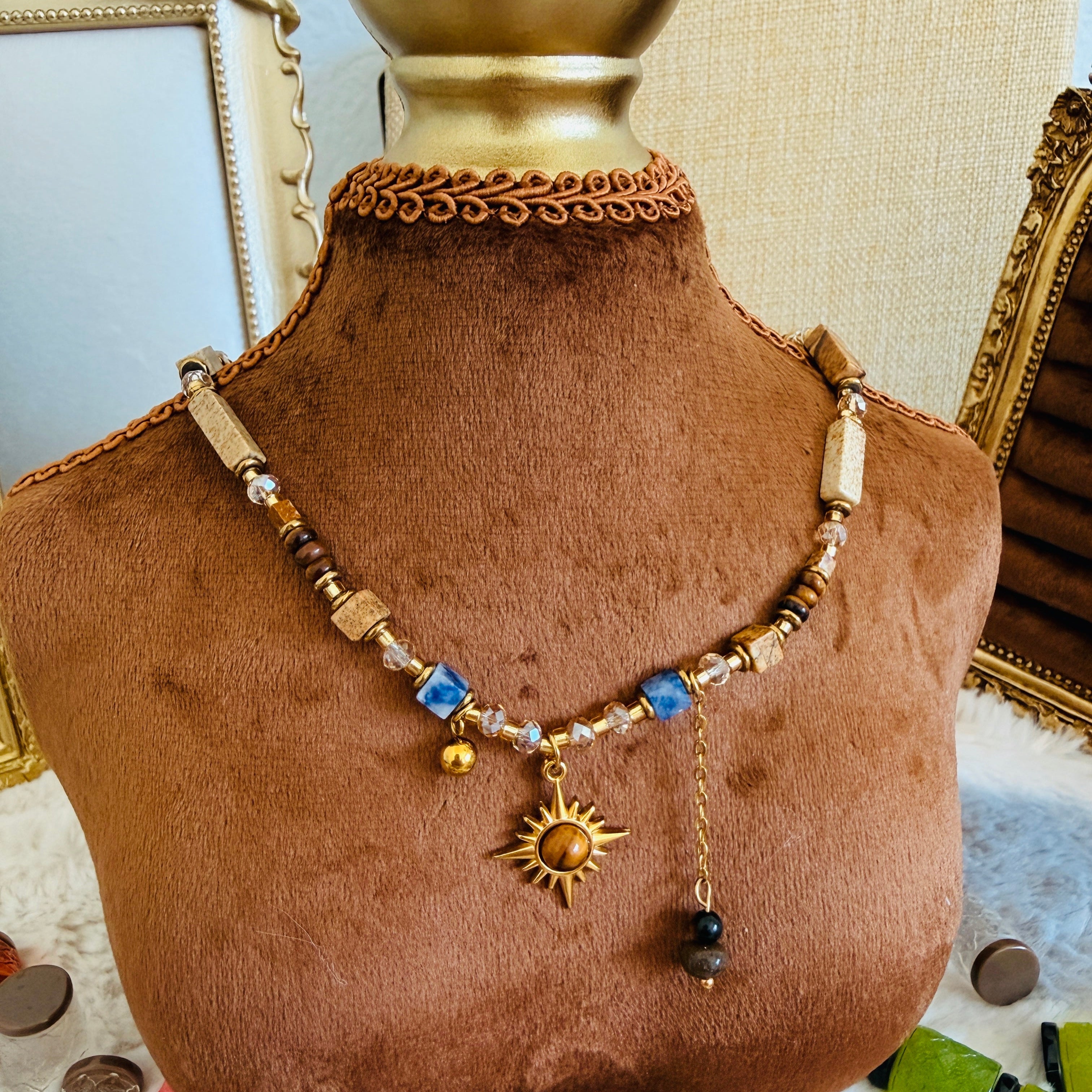 Tiger's Eye Sun Pendant Beaded Necklace