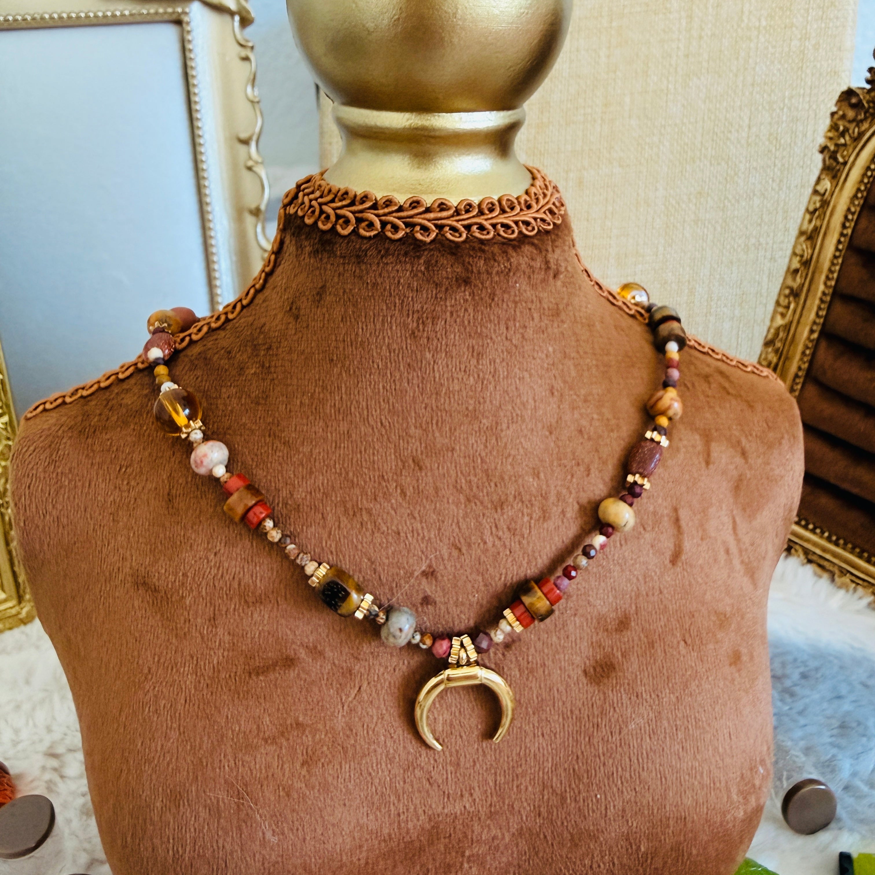 Earth Tone Beaded Double Horn Moon Necklace