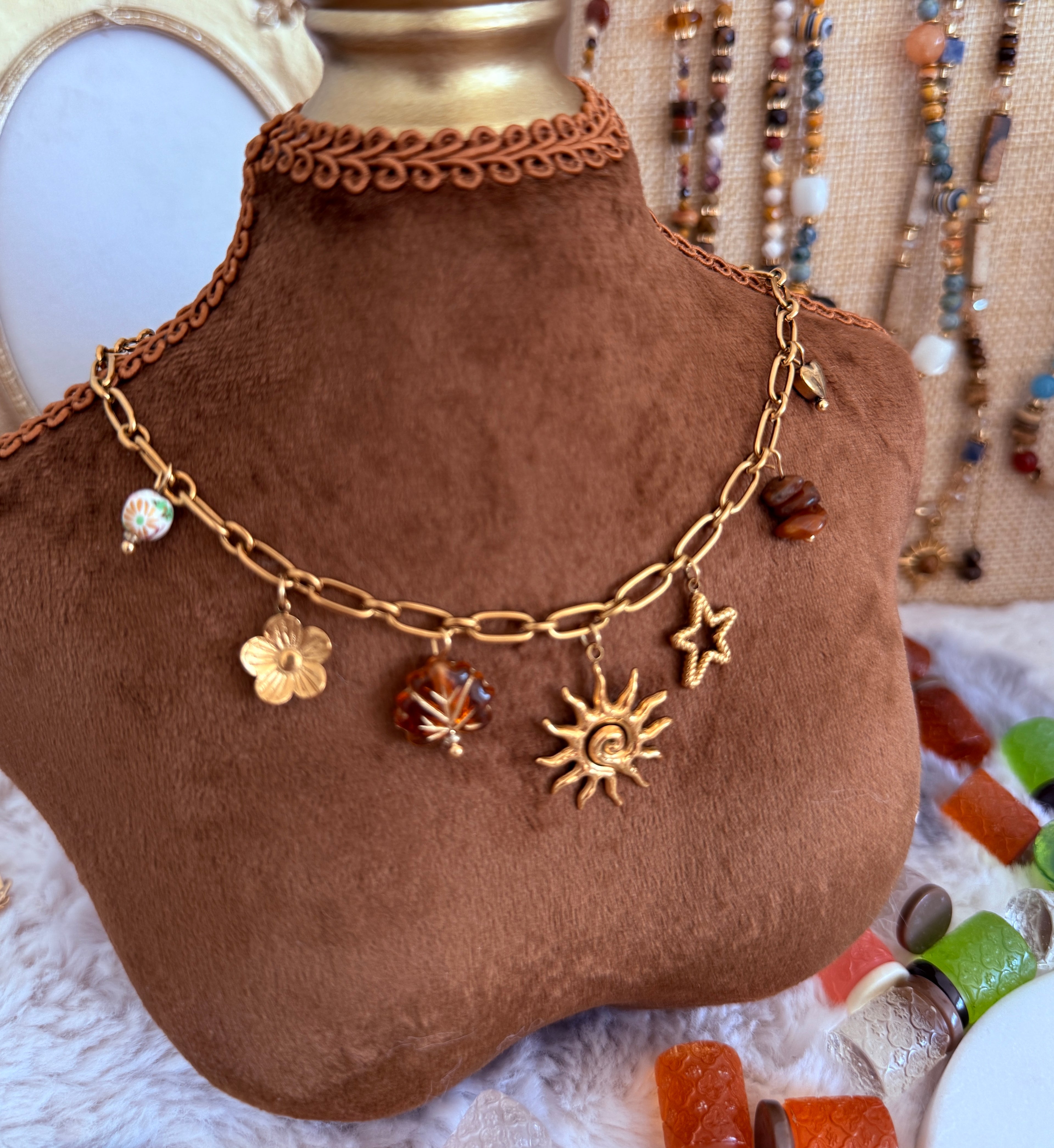 Gold Celestial Charm Necklace | Sun Star Flower Chain Necklace