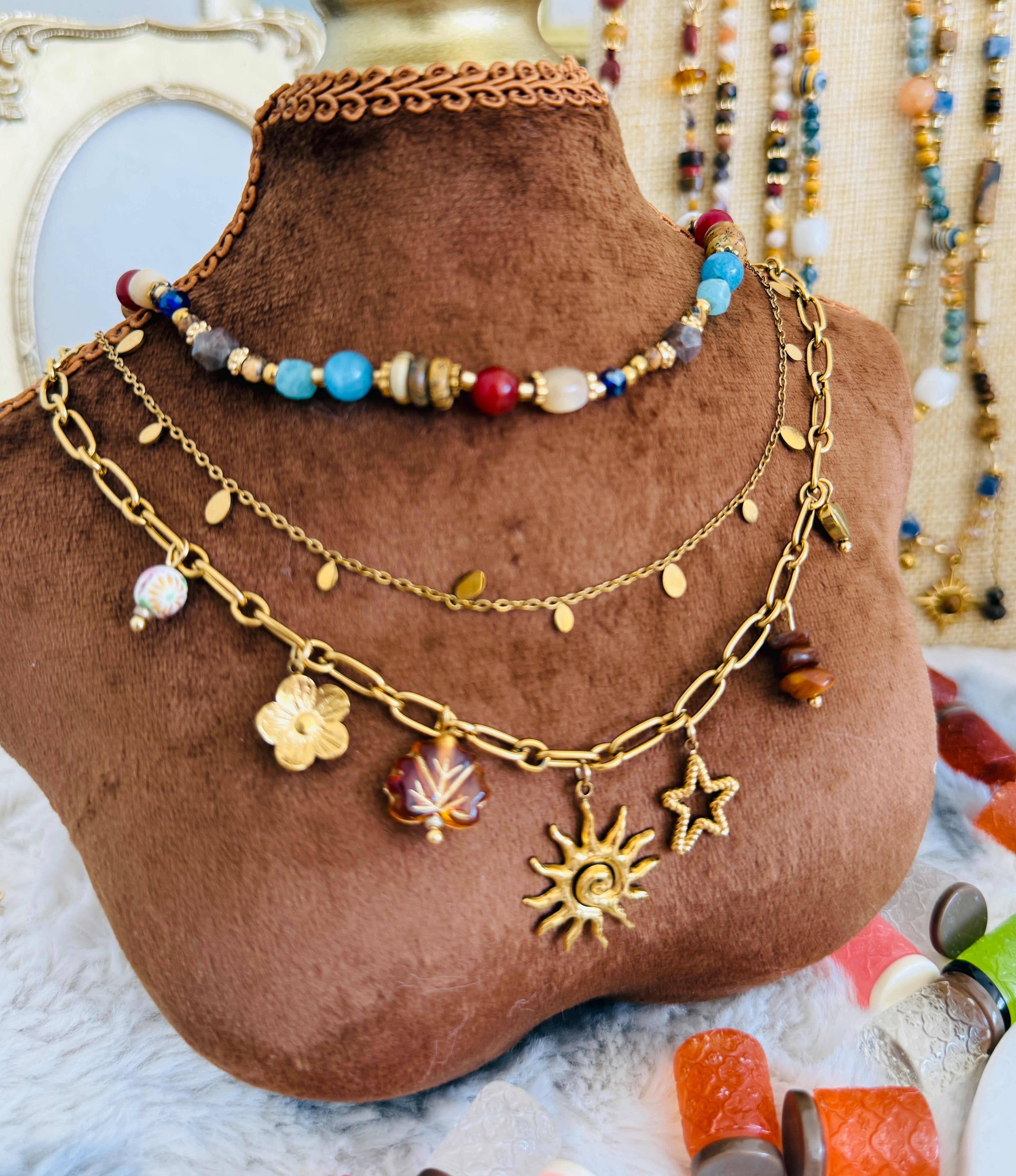 Gold Celestial Charm Necklace | Sun Star Flower Chain Necklace