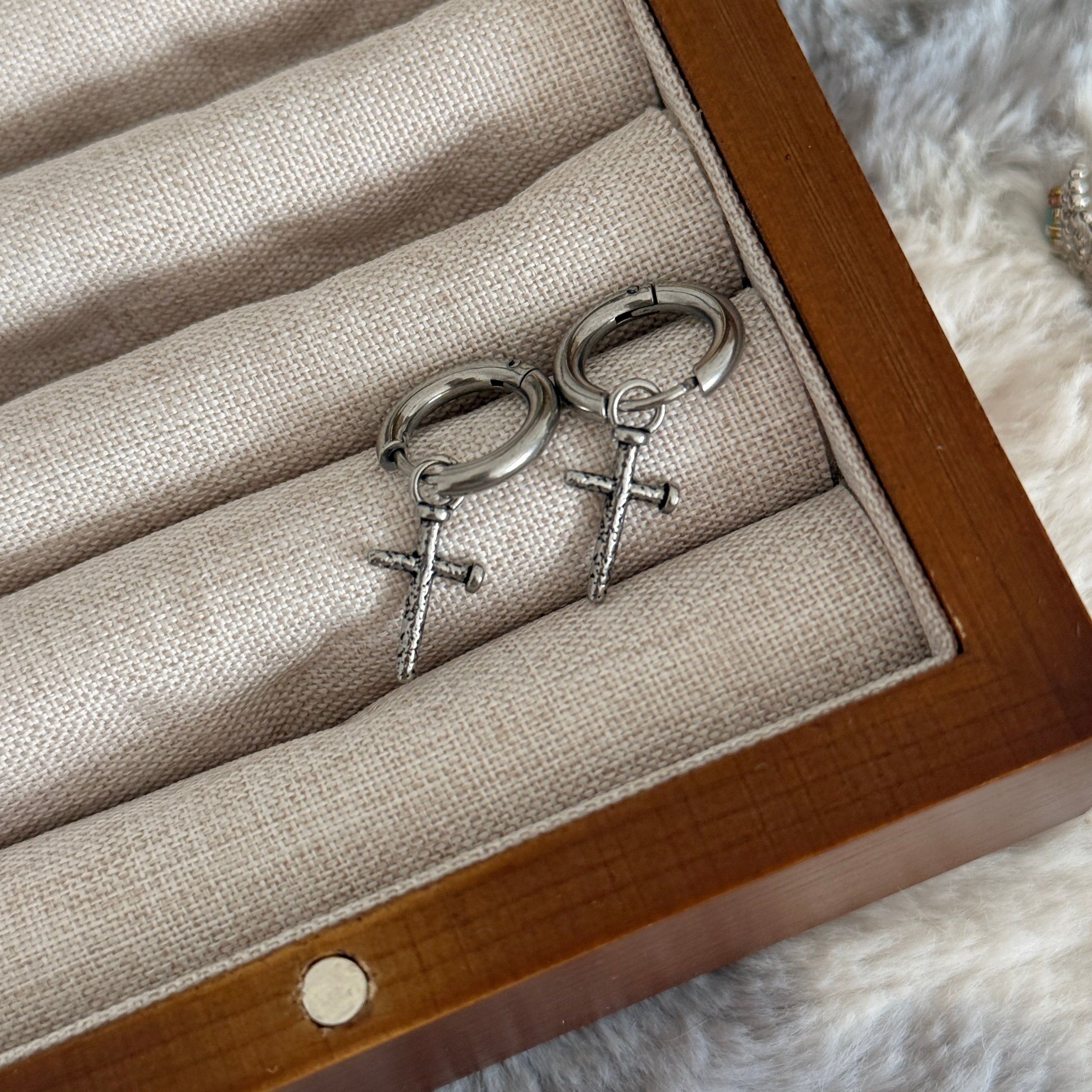 Silver Cross Nail Huggie Earrings
