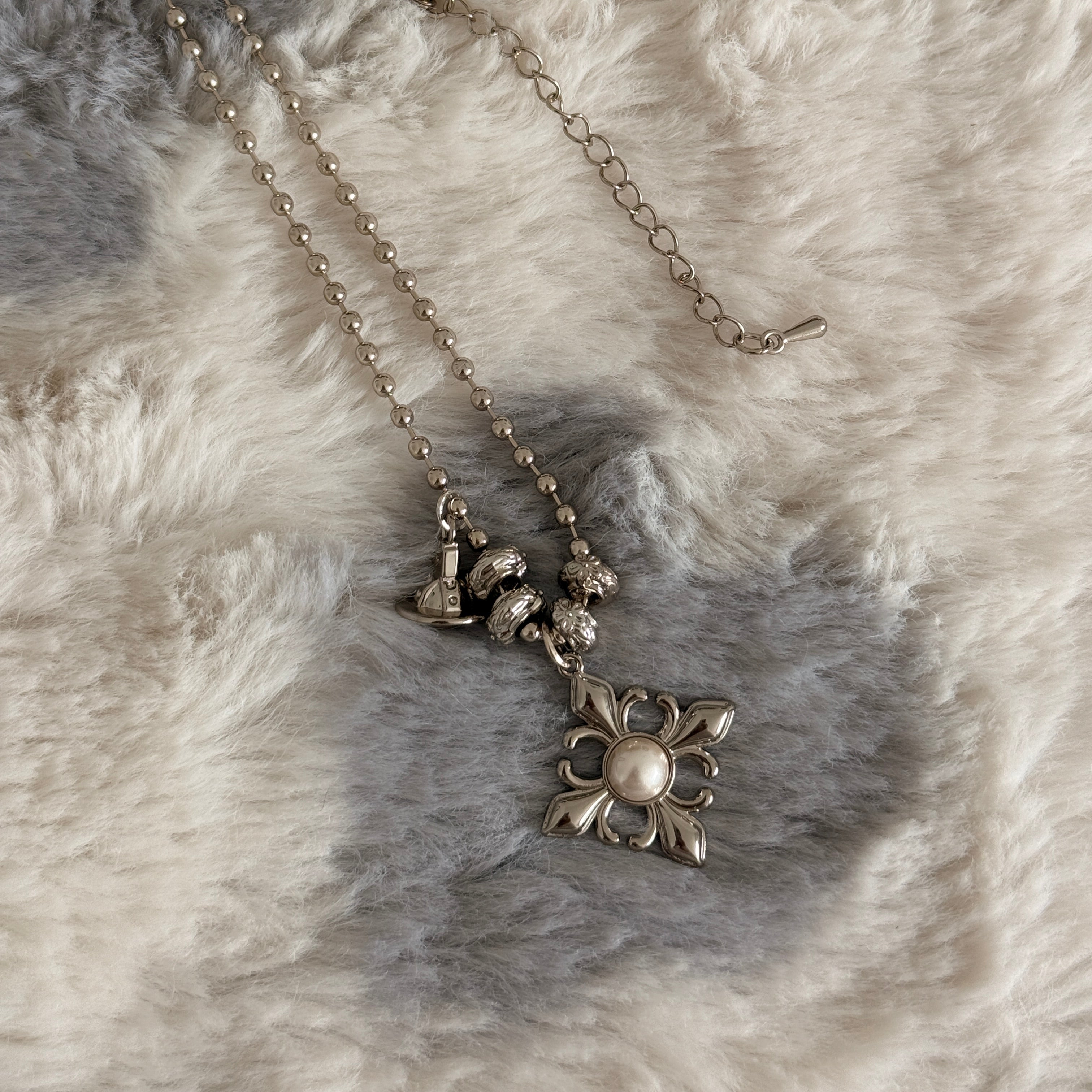 Pearl Fleur-de-Lis Cross Charm Necklace