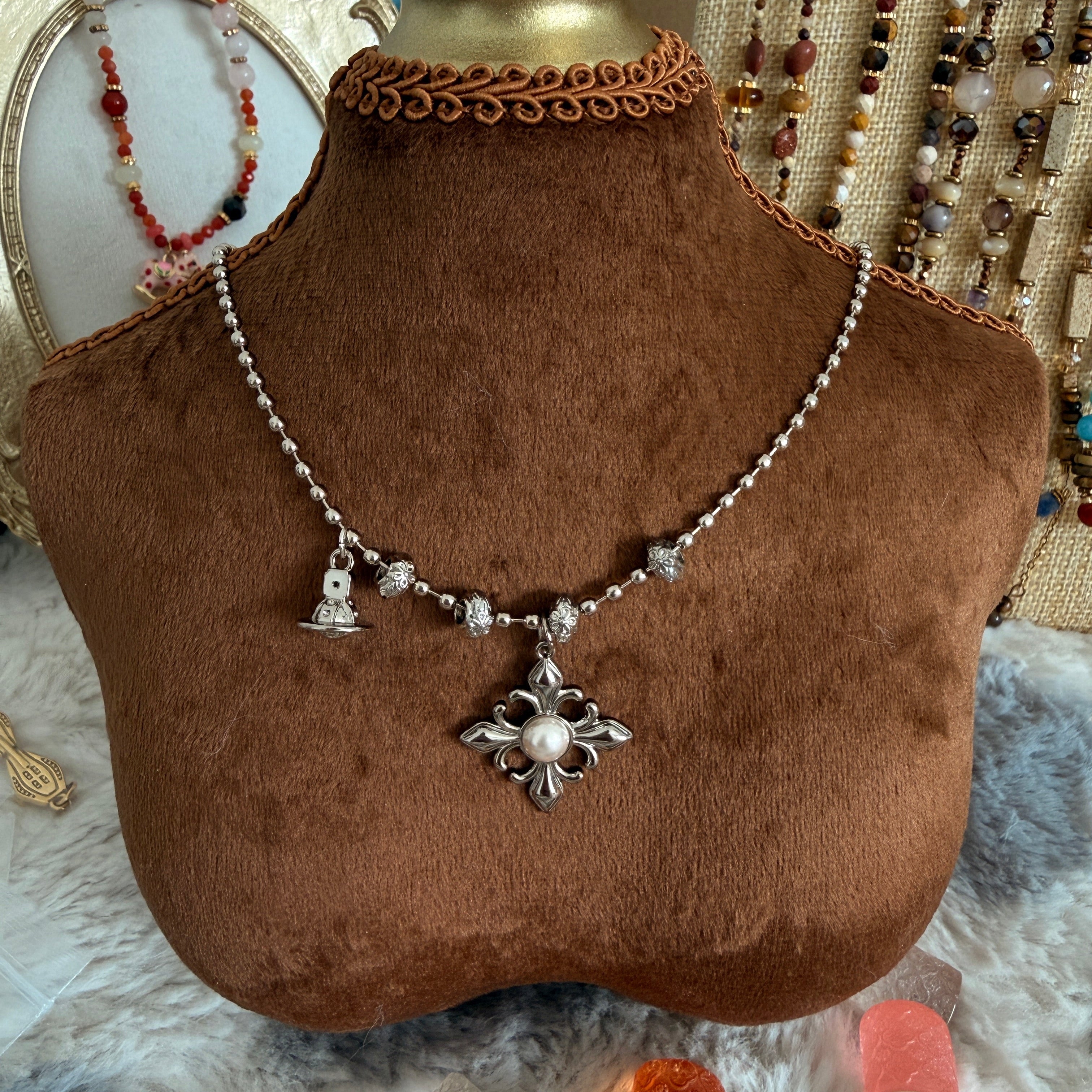 Pearl Fleur-de-Lis Cross Charm Necklace